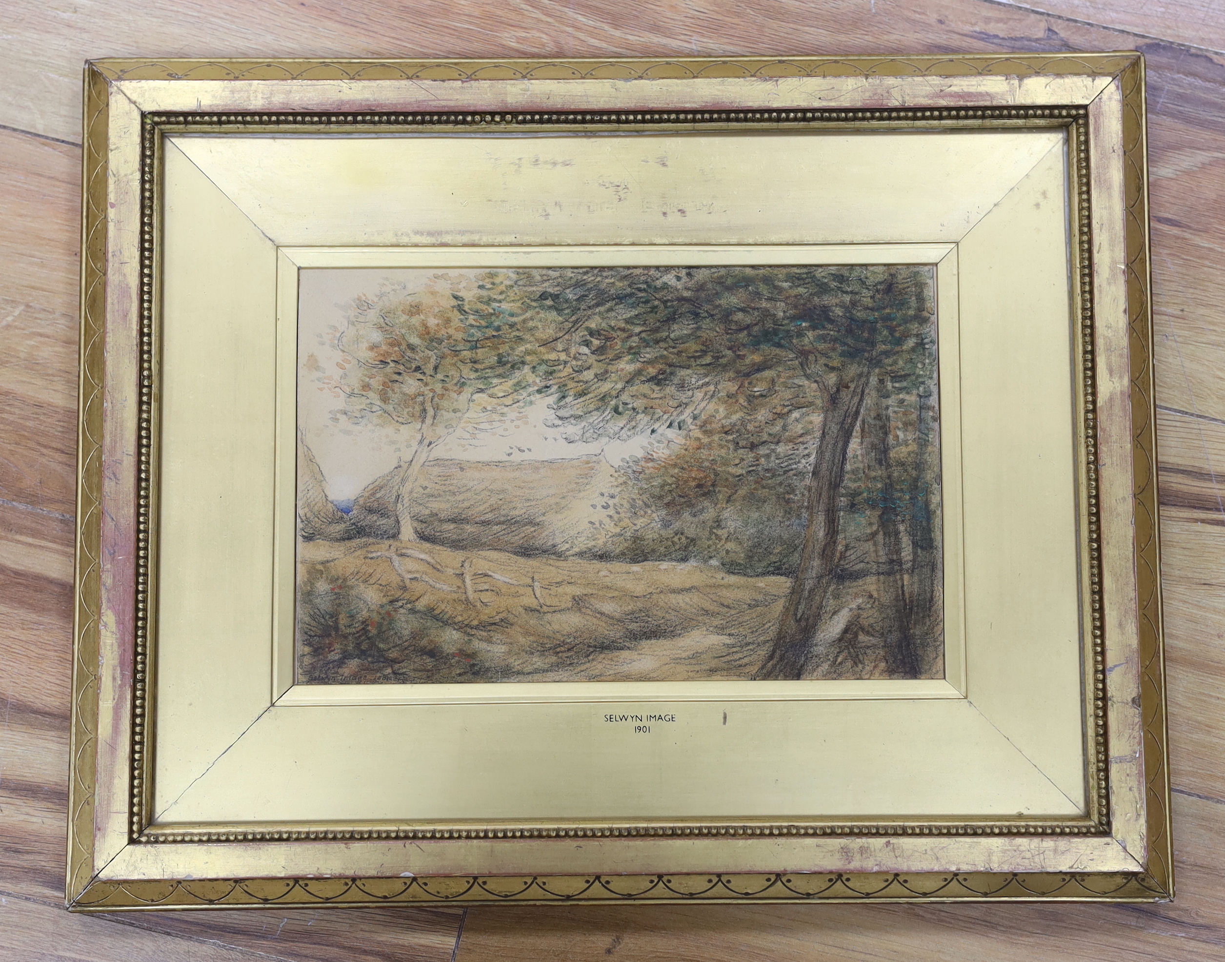 Selwyn Image (1849-1930), pencil and watercolour, Landscape with trees before barns, signed and dated 1901, 17 x 26cm